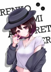 Rule 34 | 1girl, absurdres, alternate costume, belt, black belt, black choker, black hair, brown eyes, character name, choker, clown (clown66), collarbone, commentary request, crop top, drop shadow, ear piercing, fedora, grey hat, grey jacket, hair between eyes, hand up, hat, head tilt, highres, jacket, jewelry, long sleeves, looking at viewer, midriff, multicolored nails, nail polish, navel, necklace, open clothes, open jacket, piercing, purple nails, red nails, shirt, short hair, short sleeves, simple background, single sidelock, smile, solo, touhou, upper body, usami renko, white background, white shirt