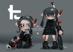 Rule 34 | 2girls, :&gt;, black footwear, black jacket, clothes pin, ear tag, expressionless, full body, grey background, grey eyes, grey hair, hand on own face, highres, holding, holding weapon, inkling, inkling girl, inkling player character, jacket, looking at viewer, medium hair, multiple girls, nintendo, octoling, octoling girl, octoling player character, pointy ears, shoes, simple background, sneakers, splat charger (splatoon), splatoon (series), splatoon 2, splattershot (splatoon), squatting, standing, tarai (silica5), tentacle hair, weapon