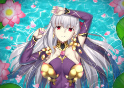 Rule 34 | 1girl, armlet, armor, bare shoulders, bikini armor, bracelet, breasts, collar, collarbone, detached sleeves, dress, earrings, fate/grand order, fate (series), floral print, flower, hair ribbon, halterneck, jewelry, kama (fate), kama (second ascension) (fate), large breasts, lily pad, long hair, looking at viewer, lotus, lying, md5 mismatch, metal collar, mishiro (ixtlolton), on back, parted lips, purple dress, purple sleeves, purple thighhighs, red eyes, resolution mismatch, ribbon, ring, silver hair, source smaller, thighhighs, water