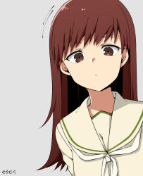 Rule 34 | 1girl, beige sailor collar, beige serafuku, brown eyes, brown hair, commentary request, grey background, kantai collection, long hair, looking at viewer, moti coi, one-hour drawing challenge, ooi (kancolle), ooi kai ni (kancolle), sailor collar, school uniform, serafuku, simple background, solo, upper body