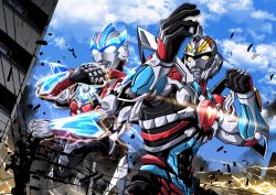 Rule 34 | 10s, blue sky, building, cable, clenched hand, cloud, commentary request, crossover, electricity, fighting stance, giant, glowing, glowing eyes, gridman (ssss), gridman universe, highres, lightning bolt symbol, nomayo, outdoors, power lines, sky, ssss.gridman, ultraman orb, ultraman orb (series), utility pole, white eyes, yellow eyes