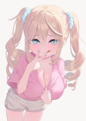 Rule 34 | 1girl, :q, blonde hair, blue eyes, blue nails, blush, breasts, cleavage, clothes pull, drill hair, hair between eyes, hair ornament, hair scrunchie, highres, large breasts, leaning forward, long hair, looking at viewer, nail polish, naughty face, oppai loli, original, pink shirt, pulled by self, scrunchie, shirt, shirt pull, short shorts, short sleeves, shorts, simple background, smile, solo, tofu1601, tongue, tongue out, twin drills, twintails, v, white background, white shorts