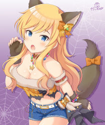 Rule 34 | 1girl, animal ears, blonde hair, blue eyes, blush, bow, breasts, brown gloves, cleavage, commentary request, denim, denim shorts, fingerless gloves, fur trim, gloves, hair bow, hair ornament, halloween, idolmaster, idolmaster cinderella girls, idolmaster cinderella girls starlight stage, jewelry, kaiware-san, large breasts, lawson, long hair, looking at viewer, navel, ohtsuki yui, open mouth, orange bow, ponytail, shorts, smile, solo, spider web print, tail, tail bow, tail ornament, wavy hair, wolf ears, wolf tail