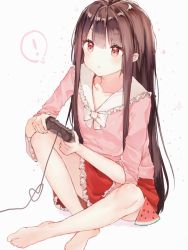 Rule 34 | !, 1girl, artist request, barefoot, bei, bow, brown hair, closed mouth, controller, eyes visible through hair, food, fruit, hair between eyes, hands up, highres, houraisan kaguya, joystick, long hair, long sleeves, looking to the side, no headwear, pink shirt, pink sleeves, red eyes, red skirt, shirt, simple background, sitting, skirt, solo, star (symbol), starry background, touhou, very long hair, watermelon, white background, white bow, white neckwear