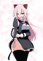 Rule 34 | 1girl, arm behind back, assault lily, black ribbon, black skirt, black thighhighs, blush, breasts, buttons, clothes lift, commentary request, cropped jacket, endou araya, feel (beniironotori), frilled skirt, frills, hair between eyes, hairpods, high-waist skirt, highres, lifting own clothes, long bangs, long hair, medium breasts, naughty face, neck ribbon, open mouth, panties, pink background, pink hair, pink panties, red eyes, ribbon, school uniform, side-tie panties, side-tie peek, sidelocks, skirt, skirt lift, smile, solo, standing, thighhighs, two-tone background, underwear, v-shaped eyebrows, very long hair, white background, yurigaoka girls academy school uniform