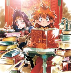 Rule 34 | 2girls, :t, araizumi rui, black cat, blue eyes, blush, book, book stack, cat, head rest, circlet, holding, holding book, lantern, lens flare, lina inverse, long hair, multiple girls, naga the serpent, official art, open book, purple hair, red eyes, red hair, scroll, sitting, slayers, smile, table, too many