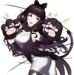 Rule 34 | 1girl, black hair, blake belladonna, cat tail, gloves, heart, heart in mouth, hoshi usagi, looking at viewer, open mouth, paw gloves, rwby, solo, tail