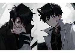 Rule 34 | 2boys, black gloves, black hair, black horns, black jacket, black shirt, blood, blood on face, blood on hands, blush, closed mouth, collared shirt, covering own mouth, frown, gloves, grey background, grey eyes, hair over one eye, hand on another&#039;s face, highres, holding another&#039;s wrist, horns, jacket, kim dokja, letterboxed, long sleeves, looking at viewer, male focus, multiple boys, mya2 8, omniscient reader&#039;s viewpoint, open clothes, open jacket, shirt, short hair, white jacket, yoo joonghyuk