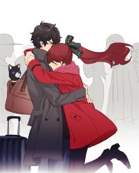 Rule 34 | 1boy, 1girl, absurdres, amamiya ren, animal, bag, black-framed eyewear, black cat, black hair, blush, brown bag, buttons, cat, closed eyes, closed mouth, commentary request, floating hair, from side, glasses, green ribbon, grey jacket, hair ribbon, hetero, highres, hug, in bag, in container, jacket, long hair, messy hair, morgana (persona 5), persona, persona 5, persona 5 the royal, pink scarf, ponytail, red hair, red jacket, ribbon, rolling suitcase, scarf, short hair, smile, suitcase, tsubsa syaoin, yoshizawa kasumi