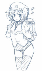 Rule 34 | 1girl, backpack, bag, female focus, hair bobbles, hair ornament, hat, kawashiro nitori, key, lock heart (juuryokudou), looking at viewer, monochrome, no pants, school swimsuit, short hair, simple background, smile, solo, swimsuit, swimsuit under clothes, thighhighs, touhou, two side up, white background