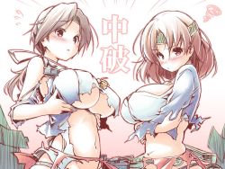 Rule 34 | 10s, 2girls, blush, breast lift, breasts, brown eyes, brown hair, chitose (kancolle), chiyoda (kancolle), headband, japanese clothes, kantai collection, kibushi, large breasts, long hair, looking at viewer, multiple girls, navel, panties, ponytail, short hair, skirt, torn clothes, translation request, underboob, underwear