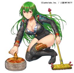 Rule 34 | &gt;:(, 1girl, black footwear, black thighhighs, boots, breasts, broom, circlet, cleavage, company name, copyright name, curling, curling (sport), curling stone, earrings, female focus, frown, full body, green hair, jewelry, komase (jkp423), large breasts, leotard, long hair, red eyes, sangoku infinity, shokatsuryou (sangoku infinity), simple background, solo, squatting, thigh boots, thighhighs, unzipped, v-shaped eyebrows, very long hair, white background, zhuge liang (sangoku infinity)
