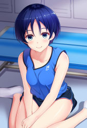 Rule 34 | 1girl, ankle socks, bare arms, bare shoulders, bench, between legs, black shorts, blue eyes, blue shirt, closed mouth, clothes writing, collarbone, colored eyelashes, dolphin shorts, gym shorts, hand between legs, huyumitsu, indoors, knees together feet apart, lips, locker, locker room, looking at viewer, no shoes, on floor, original, own hands together, shiny skin, shirt, short hair, shorts, sitting, smile, socks, solo, sportswear, tank top, tareme, wariza, white socks