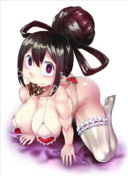Rule 34 | 1girl, all fours, areola slip, ass, asui tsuyu, black hair, boku no hero academia, breasts, butt crack, chocolate, cleavage, collarbone, covered erect nipples, cum, heart, heart-shaped pupils, heart bikini, heart panties, heart print, highres, huge ass, large breasts, long hair, looking at viewer, mouth hold, muscular, muscular female, panties, print panties, solo, symbol-shaped pupils, thick thighs, thighhighs, thighs, underwear, valentine, wide hips, yamada shiguma