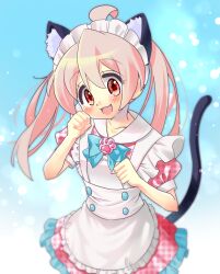 Rule 34 | 1girl, :3, :d, ahoge, alternate costume, animal ear fluff, animal ears, apron, bare arms, blue background, blush, cat ears, cat tail, commentary, enmaided, eyes visible through hair, frilled apron, frills, hair between eyes, long hair, looking at viewer, maid, maid headdress, nemu0701, onii-chan wa oshimai!, open mouth, oyama mahiro, paw pose, puffy short sleeves, puffy sleeves, red eyes, short sleeves, simple background, smile, solo, tail, twintails