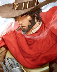 Rule 34 | 1boy, bad id, bad tumblr id, beard, brown eyes, brown hair, cassidy (overwatch), cigar, cowboy hat, facial hair, hat, highres, looking at viewer, male focus, mechanical arms, overwatch, overwatch 1, shaded face, single mechanical arm, smoking, solo, stubble, won jade