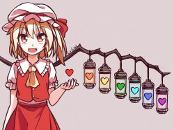 Rule 34 | 1girl, :d, arm at side, artist name, ascot, bare arms, blonde hair, buttons, fangs, flandre scarlet, frilled shirt, frilled shirt collar, frilled sleeves, frills, grey background, hair between eyes, hand up, hat, hat ribbon, heart, lirilias, looking at viewer, medium hair, mob cap, open mouth, red eyes, red vest, ribbon, shirt, short sleeves, side ponytail, simple background, skirt, skirt set, slit pupils, smile, solo, touhou, undertale, upper body, vest, white shirt, wings, yellow ascot