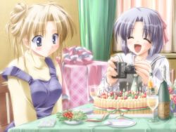 Rule 34 | 00s, 2girls, alcohol, blonde hair, blue eyes, blush, bow, cake, camcorder, candle, canvas, chair, champagne, cocktail soft, cup, curtains, drinking glass, f&amp;c, flower, food, fork, game cg, gayarou, gift, hair bow, indoors, light purple hair, multiple girls, napkin, open mouth, plate, ribbon, saginomiya ai, sakurazuka ren, salad, smile, table, tablecloth, turtleneck, video camera, wine glass