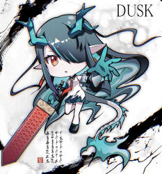 Rule 34 | 1girl, :o, absurdly long hair, arknights, black footwear, black hair, black jacket, blue hair, blue skirt, character name, collared shirt, commentary request, dragon girl, dragon horns, dragon tail, dusk (arknights), hair over one eye, highres, holding, holding sword, holding weapon, horns, jacket, long hair, long sleeves, looking at viewer, multicolored hair, open clothes, open jacket, parted lips, pointy ears, red eyes, senju yosiyuki, shirt, shoes, skirt, sleeveless, sleeveless shirt, solo, streaked hair, sword, tail, torn clothes, torn shirt, translation request, very long hair, weapon, white shirt