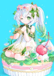 Rule 34 | 1girl, ;), aqua background, artist name, blue flower, blush, bracelet, cake, cape, cherry, closed mouth, cross-shaped pupils, detached sleeves, dress, eyelashes, flower, flower wreath, food, fruit, gem, genshin impact, gold trim, gradient hair, grass, green cape, green dress, green eyes, green gemstone, green hair, green sleeves, hair between eyes, hair ornament, hands up, head wreath, highres, jewelry, leaf hair ornament, long hair, looking at viewer, lotus leaf, multicolored hair, nahida (genshin impact), one eye closed, own hands together, pink flower, plant, pointy ears, ponytail, short sleeves, side ponytail, sidelocks, signature, simple background, sitting, sleeveless, sleeveless dress, smile, solo, sparkle, split mouth, streaked hair, symbol-shaped pupils, white dress, white flower, white hair, yutukicom