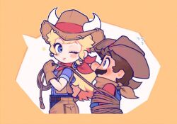 Rule 34 | 1boy, 1girl, blonde hair, blue eyes, blush, breasts, brown hair, cosplay, cow girl, cowboy hat, cowgirl peach, earrings, facial hair, gloves, hat, horns, jewelry, long hair, looking at another, mario, mario (series), medium breasts, mustache, nintendo, one eye closed, princess peach, princess peach: showtime!, rope, scarf, standing, super mario odyssey, tied up (nonsexual), wink
