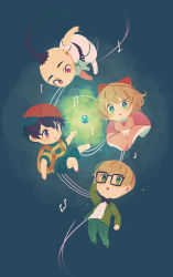 Rule 34 | 1girl, 3boys, backpack, bag, blonde hair, dress, floating, glasses, green eyes, highres, jeff andonuts, mother (game), mother 2, multiple boys, ness (mother 2), nintendo, pants, paula (mother 2), pink dress, poo (mother 2), ribbon, shifumame, shirt, striped clothes, striped shirt
