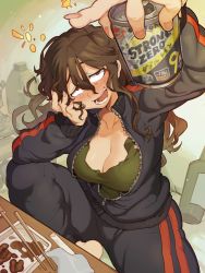 Rule 34 | 1girl, black jacket, black pants, blush, bottle, breasts, brown hair, can, chopsticks, cleavage, food, green shirt, hair between eyes, highres, holding, holding can, jacket, long hair, nail polish, open clothes, open jacket, open mouth, original, pants, pink nails, red eyes, sanjiro (tenshin anman), shirt, smile, solo, zipper pull tab