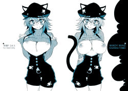 Rule 34 | 2girls, :q, animal ears, areola slip, arms behind back, blush, breasts, breasts out, buttons, cat ears, cat girl, cat tail, closed mouth, clothes lift, content rating, contrapposto, cowboy shot, female focus, fingernails, glasses, gradient hair, hat, holding own arm, kusanagi tonbo, large breasts, looking at viewer, midriff, monochrome, multicolored hair, multiple girls, navel, nipples, original, ribbed sweater, rimless eyewear, round eyewear, short hair, short shorts, shorts, simple background, smile, standing, star (symbol), stomach, striped, sweater, sweater lift, tail, tareme, text focus, thigh gap, tongue, tongue out, turtleneck, underbust, vertical stripes, white background