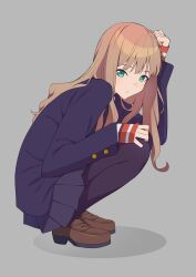Rule 34 | 07nono06, 1girl, absurdres, arm up, black pantyhose, blazer, blue jacket, blue skirt, brown hair, closed mouth, expressionless, from side, green eyes, grey background, gridman universe, highres, jacket, loafers, long hair, long sleeves, looking at viewer, minami yume, pantyhose, pleated skirt, school uniform, shadow, shoes, simple background, skirt, sleeves past wrists, solo, squatting, ssss.dynazenon