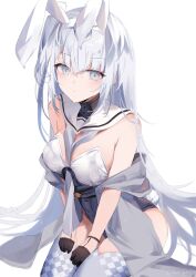 Rule 34 | 1girl, adapted costume, animal ears, black gloves, breasts, closed mouth, detached collar, fake animal ears, fake tail, fuyutsuki (kancolle), gloves, grey eyes, grey thighhighs, hair between eyes, highres, kantai collection, leotard, long hair, medium breasts, miyasaka miyabi, one-hour drawing challenge, rabbit ears, rabbit tail, sailor collar, simple background, solo, strapless, strapless leotard, tail, thighhighs, twitter username, white background, white hair, white leotard, white sailor collar