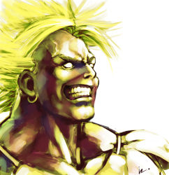 Rule 34 | 1boy, blonde hair, broly (dragon ball z), dragon ball, dragonball z, earrings, grin, iroisaac, jewelry, legendary super saiyan, male focus, manly, muscular, no pupils, signature, simple background, smile, solo, super saiyan, teeth, veins