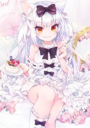 Rule 34 | 1girl, absurdres, animal ear fluff, animal ears, azur lane, bare shoulders, black bow, bow, cake, cat ears, cat girl, closed mouth, dress, dress bow, flower, food, food on face, fork, frilled dress, frills, hair bow, highres, holding, holding fork, holding plate, long hair, looking at viewer, official alternate costume, pillow, pink flower, pink rose, plate, rose, shichijou natori, smile, solo, white dress, white hair, yellow eyes, yukikaze (azur lane), yukikaze (sovereign of the swing) (azur lane)