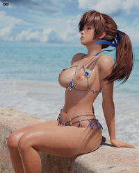 Rule 34 | 1girl, 3d, absurdres, artist logo, ass, beach, breasts, brown hair, closed eyes, dead or alive, female focus, highres, jewelry, kasumi (doa), large breasts, long hair, nipples, radianteld, ring, swimsuit, text focus, water