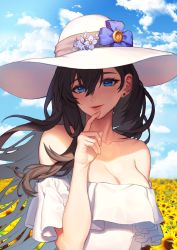 Rule 34 | 1girl, bare shoulders, black hair, blue bow, blue eyes, blue flower, blue sky, bow, breasts, cleavage, cloud, collarbone, commentary request, day, dress, earrings, field, finger to mouth, flower, flower field, hand up, hat, hat bow, hat flower, highres, jewelry, large breasts, looking at viewer, mmlyno, off-shoulder dress, off shoulder, original, outdoors, parted lips, pink lips, short sleeves, sky, smile, solo, stud earrings, sun hat, sunflower, sunflower field, upper body, white dress