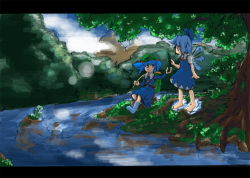 Rule 34 | 2girls, bad id, bad pixiv id, bag, blue hair, cirno, cucumber, done (donezumi), female focus, hat, kawashiro nitori, letterboxed, multiple girls, ribbon, touhou, two side up, wings