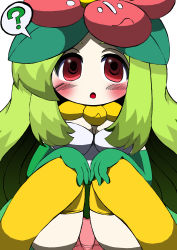 Rule 34 | 1girl, :o, ?, alternate color, big hair, blush, breasts, breasts apart, cleavage, clueless, confused, creatures (company), elbow gloves, game freak, gen 5 pokemon, gloves, green gloves, green hair, hands on own knees, hat, jewelry, knees together feet apart, leaf, lilligant, long hair, looking at viewer, necklace, nintendo, pale skin, panties, pantyshot, personification, pink panties, pokemon, recoloring, red eyes, sidelocks, simple background, sitting, solo, speech bubble, spoken question mark, thighhighs, underwear, very long hair, white background, yellow thighhighs