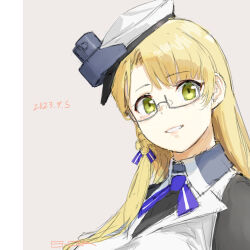 Rule 34 | 9-ga, blonde hair, blue ribbon, blunt bangs, dated, green eyes, grey background, hat, kantai collection, long hair, military uniform, navy cross, neck ribbon, northampton (kancolle), northampton kai (kancolle), parted lips, peaked cap, ribbon, semi-rimless eyewear, simple background, smile, uniform, upper body, white hat