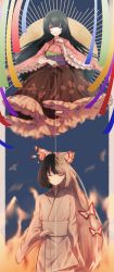 Rule 34 | 2girls, absurdres, alternate costume, black skirt, blue background, blunt bangs, blurry, bow, cherry blossom print, closed eyes, closed mouth, commentary request, dual persona, expressionless, fire, floral print, frilled skirt, frills, fujiwara no mokou, fujiwara no mokou (young), grey bow, grey hair, half-closed eyes, hand up, highres, hime cut, holding, holding string, houraisan kaguya, japanese clothes, kimono, long hair, long sleeves, multicolored hair, multiple girls, obi, pink kimono, purple ribbon, red bow, red eyes, red ribbon, ribbon, sash, short kimono, sidelocks, skirt, somei ooo, string, sunburst, torn bow, touhou, two-tone bow, two-tone hair, very long hair, white bow, white kimono, wide sleeves