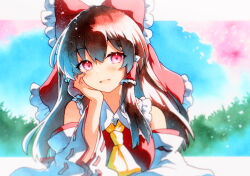 Rule 34 | 1girl, ascot, bare shoulders, blush, bow, brown hair, commentary, detached sleeves, hair between eyes, hair bow, hair tubes, hakurei reimu, hand on own cheek, hand on own face, head rest, highres, japanese clothes, long hair, looking at viewer, nontraditional miko, open mouth, qqqrinkappp, red bow, red eyes, ribbon-trimmed sleeves, ribbon trim, sidelocks, smile, solo, touhou, traditional media, upper body, white sleeves, wide sleeves, yellow ascot