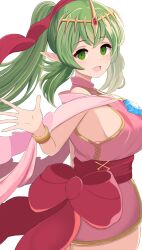 Rule 34 | 1girl, :d, absurdres, back bow, bow, bracelet, commentary, dragonstone, dress, fire emblem, fire emblem awakening, fire emblem heroes, from side, green eyes, green hair, hair ribbon, highres, jewelry, kocha (jgug7553), long hair, looking at viewer, necklace, nintendo, official alternate costume, open mouth, pink dress, pointy ears, ponytail, ribbon, sleeveless, sleeveless dress, smile, solo, tiara, tiki (adult) (fated divinity) (fire emblem), tiki (adult) (fire emblem), tiki (fire emblem), white background
