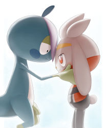 Rule 34 | absurdres, black eyes, blush, bright pupils, closed mouth, commentary request, creatures (company), drizzile, eye contact, from side, game freak, gen 8 pokemon, hand in pocket, hand up, highres, looking at another, nintendo, no humans, pokemon, pokemon (creature), purobe, raboot, red eyes, smile, white background, white pupils