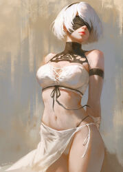 Rule 34 | 1girl, 2b (nier:automata), absurdres, armband, arms behind back, bare shoulders, bikini, black armband, black blindfold, black hairband, blindfold, breasts, bustier, closed mouth, covered eyes, cowboy shot, hairband, highres, looking to the side, medium breasts, mole, mole under mouth, navel, nier:automata, nier (series), red lips, ruan zoe, sarong, short hair, solo, standing, stomach, swimsuit, white bikini, white bustier, white hair, white sarong