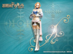 Rule 34 | 1girl, 3d, angela (castlevania), blonde hair, blue eyes, boots, breasts, bridal gauntlets, castlevania (series), castlevania pachislot, choker, cleavage, corset, cross, cross necklace, detached sleeves, eyelashes, highres, initial, jewelry, konami, lace, logo, medium breasts, midriff, miniskirt, navel, necklace, official art, official wallpaper, sash, short hair, skirt, smile, solo, standing, thigh boots, thighhighs, wavy hair