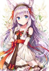 Rule 34 | 1girl, animal ear fluff, animal ears, bare shoulders, black hairband, blue eyes, blush, bow, cat ears, cat girl, cat tail, closed mouth, detached sleeves, dress, fingernails, floral background, hair between eyes, hair bow, hairband, head tilt, highres, long hair, long sleeves, looking at viewer, original, red bow, sakura ani, silver hair, sleeveless, sleeveless dress, sleeves past wrists, smile, solo, standing, tail, very long hair, white dress, wide sleeves