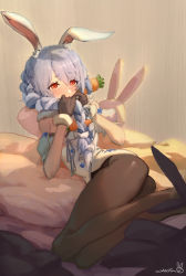 Rule 34 | 1girl, animal ear fluff, animal ears, arm garter, ass, black gloves, black leotard, black pantyhose, blue hair, blush, braid, breasts, carrot hair ornament, chilakkk, commentary, covering own mouth, don-chan (usada pekora), dress, feet out of frame, food-themed hair ornament, fur-trimmed gloves, fur trim, furrowed brow, gloves, hair between eyes, hair ornament, hair over mouth, highres, holding, holding hair, hololive, legs together, leotard, light blue hair, long hair, lying, multicolored hair, on side, pantyhose, parted bangs, pillow, playboy bunny, rabbit ears, rabbit girl, red eyes, signature, small breasts, solo, strapless, strapless dress, thick eyebrows, twin braids, twintails, two-tone hair, usada pekora, usada pekora (1st costume), virtual youtuber, white dress, white hair