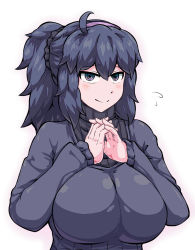 Rule 34 | 1girl, @ @, ahoge, alternate breast size, alternate hairstyle, blush, breasts, closed mouth, creatures (company), flying sweatdrops, game freak, hair between eyes, hairband, hex maniac (pokemon), highres, large breasts, long hair, looking at viewer, nintendo, own hands together, pokemon, pokemon xy, ponytail, purple eyes, purple hair, purple hairband, shimure (460), simple background, smile, solo, steepled fingers, sweater, turtleneck, turtleneck sweater, upper body, white background, wide ponytail