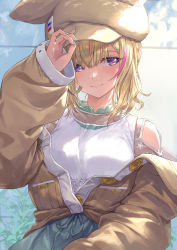 Rule 34 | 1girl, blonde hair, blush, buttons, commentary, green nails, guchico, hair between eyes, hand on headwear, hat, highres, hololive, jacket, long sleeves, looking at viewer, multicolored hair, nail polish, off shoulder, omaru polka, omaru polka (street casual), open clothes, open jacket, pink hair, purple eyes, shirt, sleeveless, sleeveless shirt, smile, solo, streaked hair, upper body, virtual youtuber, white shirt