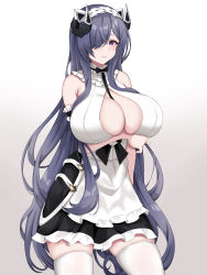 Rule 34 | 1girl, absurdres, apron, arm under breasts, august von parseval (azur lane), august von parseval (the conquered unhulde) (azur lane), azur lane, bare shoulders, between breasts, black dress, breasts, center opening, comotaro, cross-laced clothes, cross-laced dress, curled horns, dress, hair over one eye, highres, horns, huge breasts, long hair, looking at viewer, mechanical horns, official alternate costume, one eye covered, purple eyes, purple hair, simple background, skindentation, solo, strap between breasts, thighhighs, very long hair, white apron, white dress, white thighhighs, zettai ryouiki