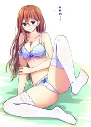 Rule 34 | 1girl, arm support, blue eyes, bra, breasts, brown hair, cleavage, hair down, jewelry, large breasts, navel, necklace, original, panties, simple background, sitting, solo, suikakitsu shiro, thighhighs, underwear, underwear only, white bra, white panties, white thighhighs, xia you qing