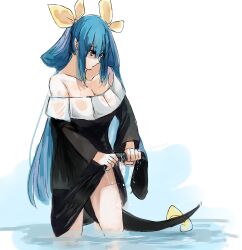 Rule 34 | 1girl, bare shoulders, black dress, blue hair, clenched hand, clothes pull, dizzy (guilty gear), dress, dress pull, guilty gear, guilty gear x, highres, long hair, monster girl, nishimoto, off-shoulder dress, off shoulder, pulling own clothes, red eyes, ribbon, river, sketch, solo, tail, tail ornament, tail ribbon, thighs, twintails, water, wet, wet clothes, yellow ribbon